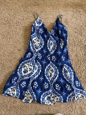 H&M Blue and White Paisley-Print Slip Dress
